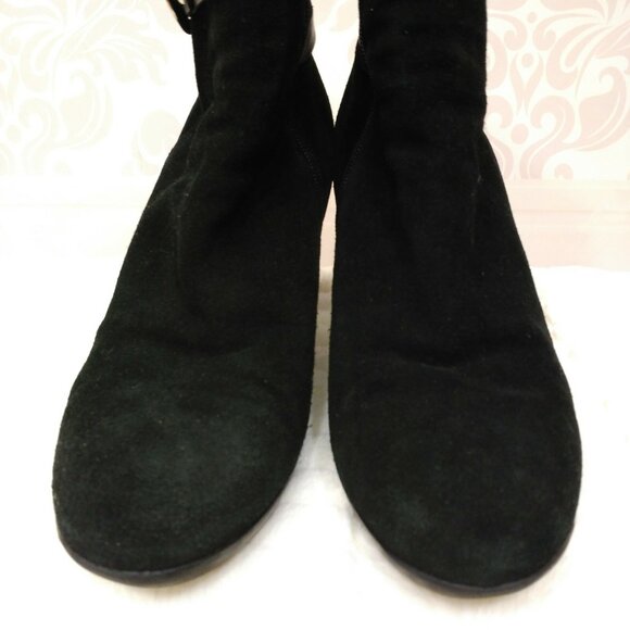 Aquatalia Black Suede Stretch Ankle Boots Womens 9.5 Heels Buckle Side Zip - Picture 5 of 12